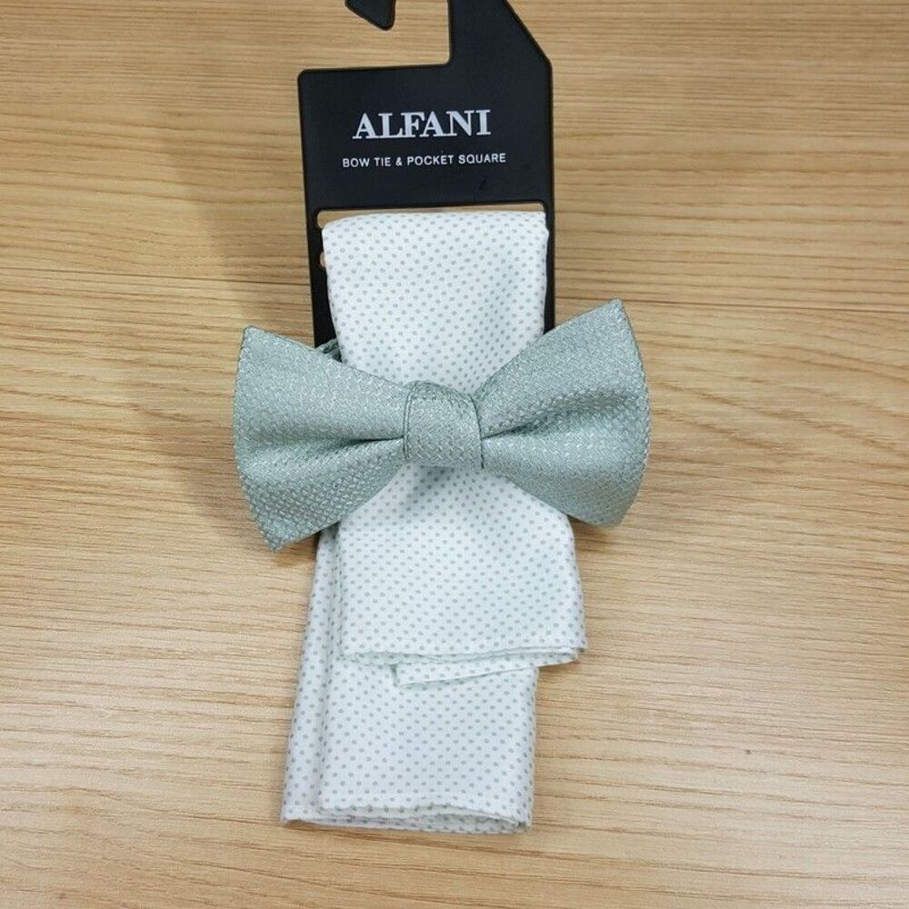 ALFANI Mens Bow Tie & Pocket Square Light Green Adjustable